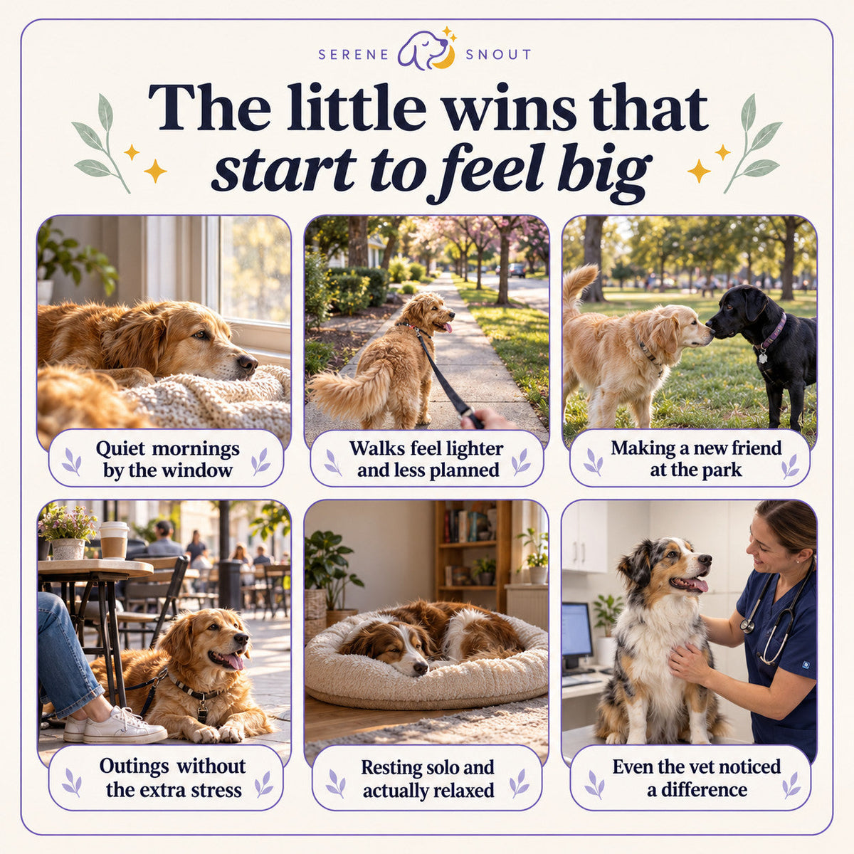 Six photos of relaxed dogs at home, on walks and at the vet